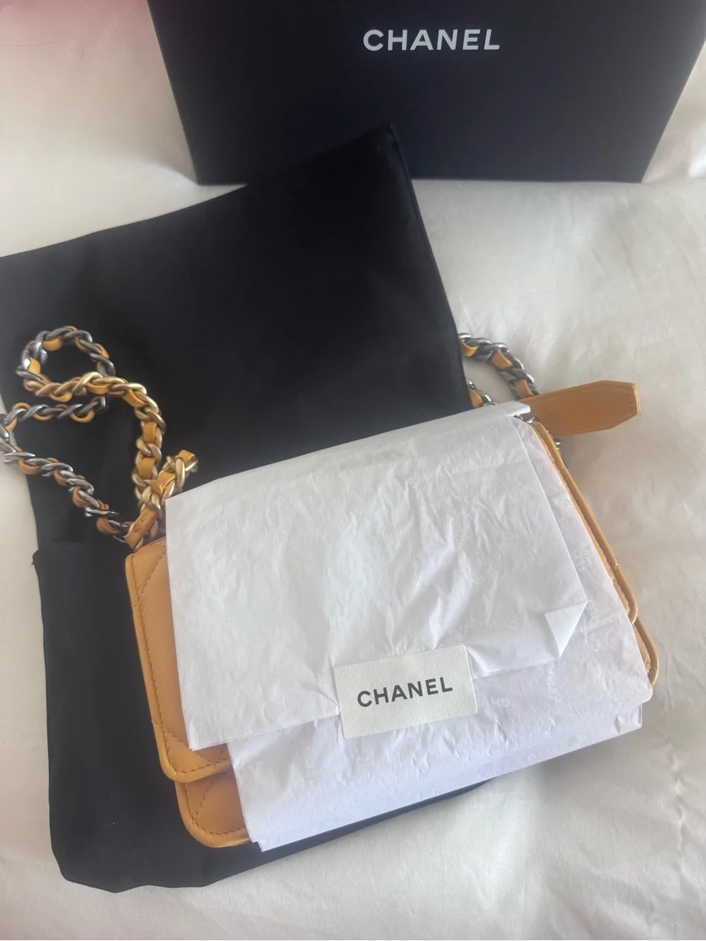 CHANEL Quilted Shoulder Bag in Mustard Yellow with Gold-Tone Hardware